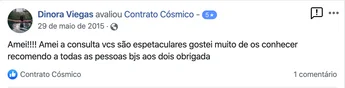 Avaliação de Dinora Viegas ao Contrato Cósmico no Facebook, 5 estrelas: "Amei! Amei a consulta, vcs são espetaculares, gostei muito de os conhecer, recomendo a todas as pessoas, bjs aos dois, obrigada."